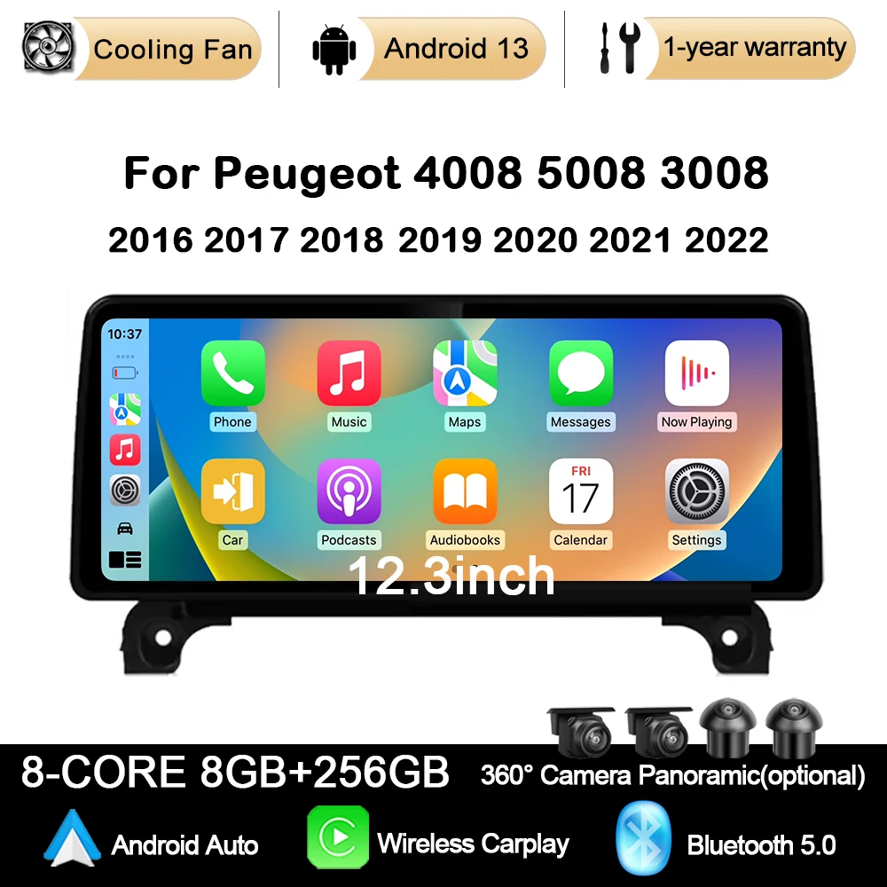 

For Peugeot 4008 5008 3008 2016-2022 Car Radio 12.3 Inch Android 13 Player GPS Stereo System 1920*720P 4G WIFI Octa Core FM GPS