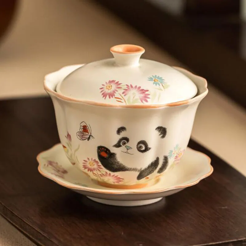 Beige Porcelain Panda Pattern Sancai Gaiwan Kungfu Tea Cup Tea Tureen infuser Bowl Kitchen Drinkware