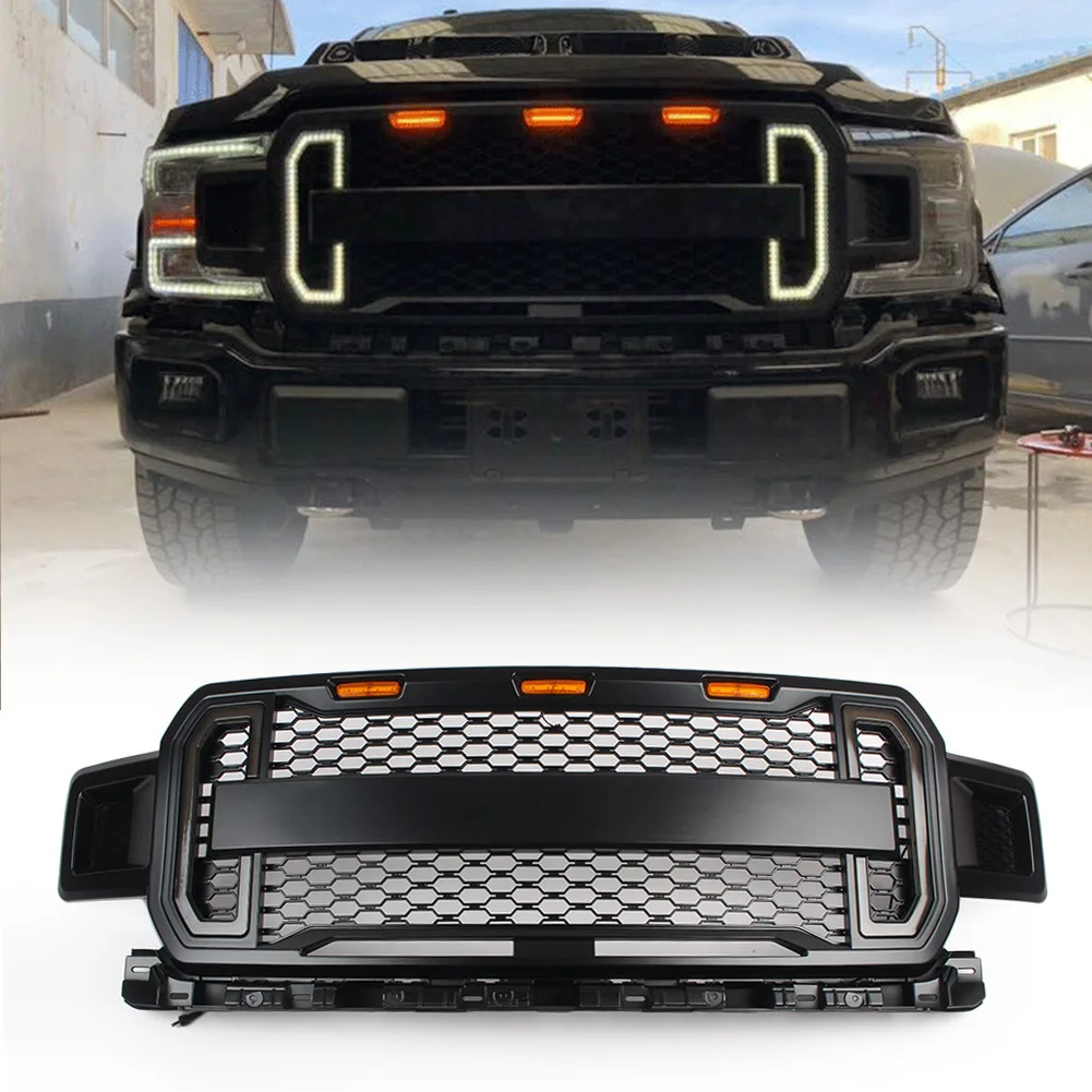 

Car Front Grill Bumper Grille Raptor Style For 2018 2019 Ford F150 F-150 w/ Amber LED Light Auto Accessories ABS Plastic fast