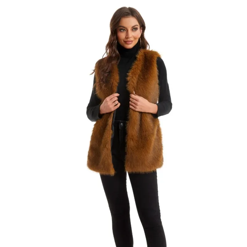 Faux Fur Vest Women's Coat European and American Autumn and Winter New Fox Fur Vest Medium Length Coat Sleeveless Vest