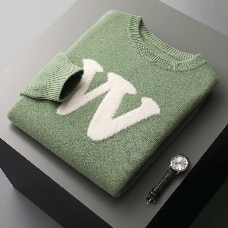 Autumn And Winter New 100% Pure Wool Round Neck Pullover Letter Jacquard Double Thick Knitted Cashmere Bottoming Sweater