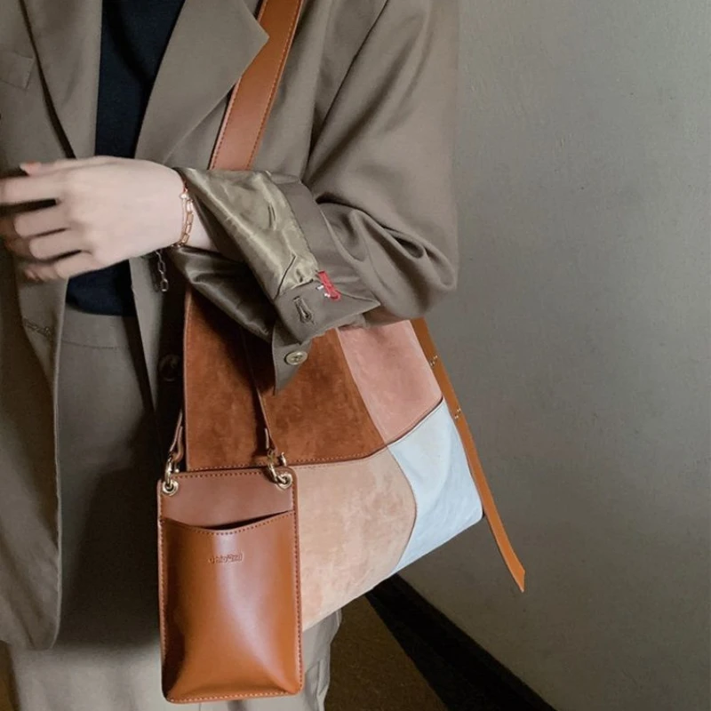 

Suede Large Capacity Women's Bag Splicing Tote Bag Large Capacity Handbag Fashion Lady Shoulder Bag Messenger Bag
