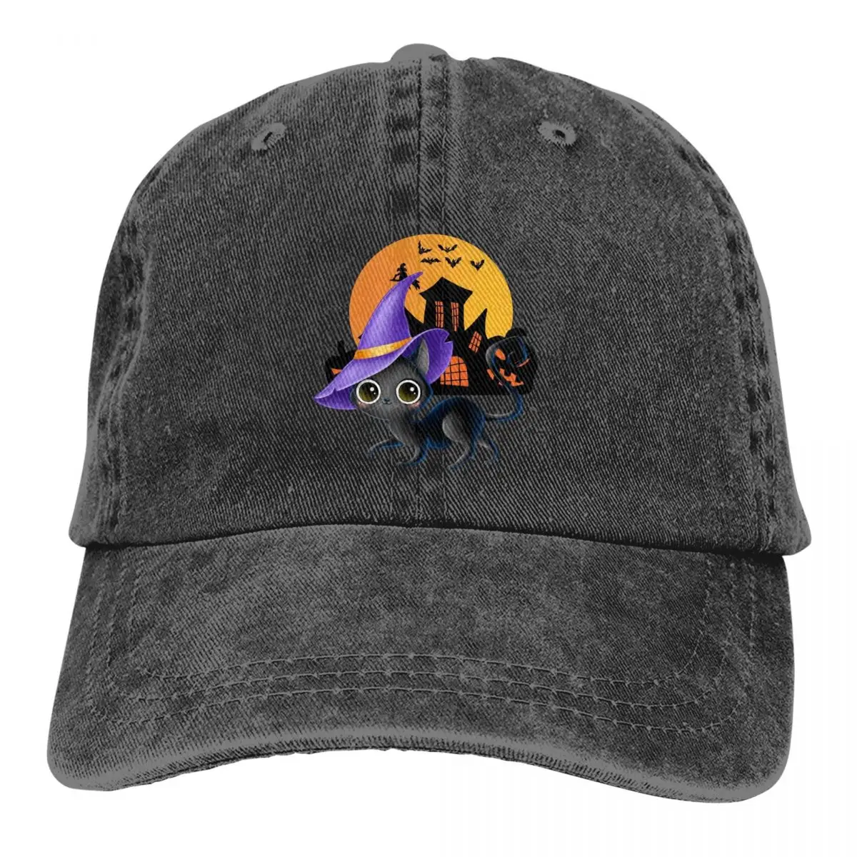 

Washed Men's Baseball Cap Little Black Cat Trucker Snapback Caps Dad Hat Wizard Cats Golf Hats