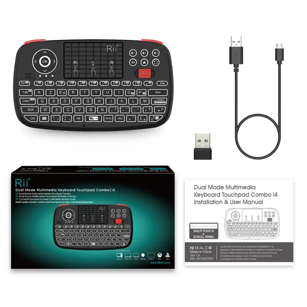 Rii-Mini clavier sans fil Bluetooth i4, souris rétroéclairée