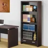 Office Furniture Set Desk Chair Bookcase Cappuccino Finish Wood Faux Leather Contemporary Design Storage Drawer Keyboard Drawer 2