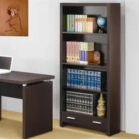 Office Furniture Set Desk Chair Bookcase Cappuccino Finish Wood Faux Leather Contemporary Design Storage Drawer Keyboard Drawer 2
