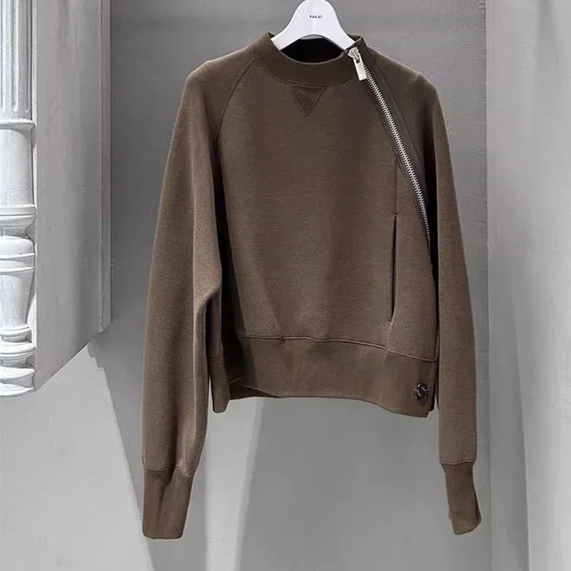 Fashion Design Sense Sweater for Women's 2023 New Autumn Fashion Coffee Long Sleeve Zipper Top  tops