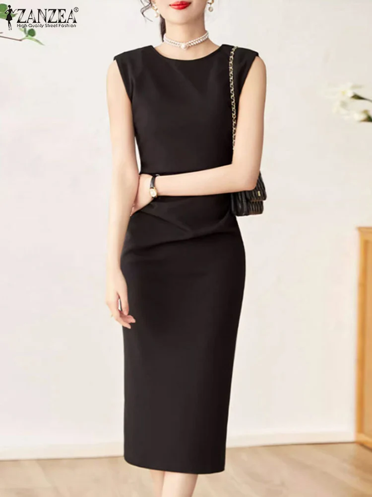 

ZANZEA 2024 Summer Sleeveless Tank Dresses Women O Neck Solid Color Elegant Midi Vestidos Party Ruched Fashion Slim Sheath Dress