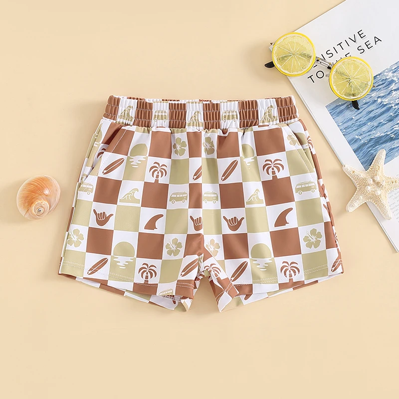 Description Picture 2 of itemBoys Swim Trunks Elastic Waist Plaid Turtle Surfboard Print Summer Beach Swim Shorts Swimsuit