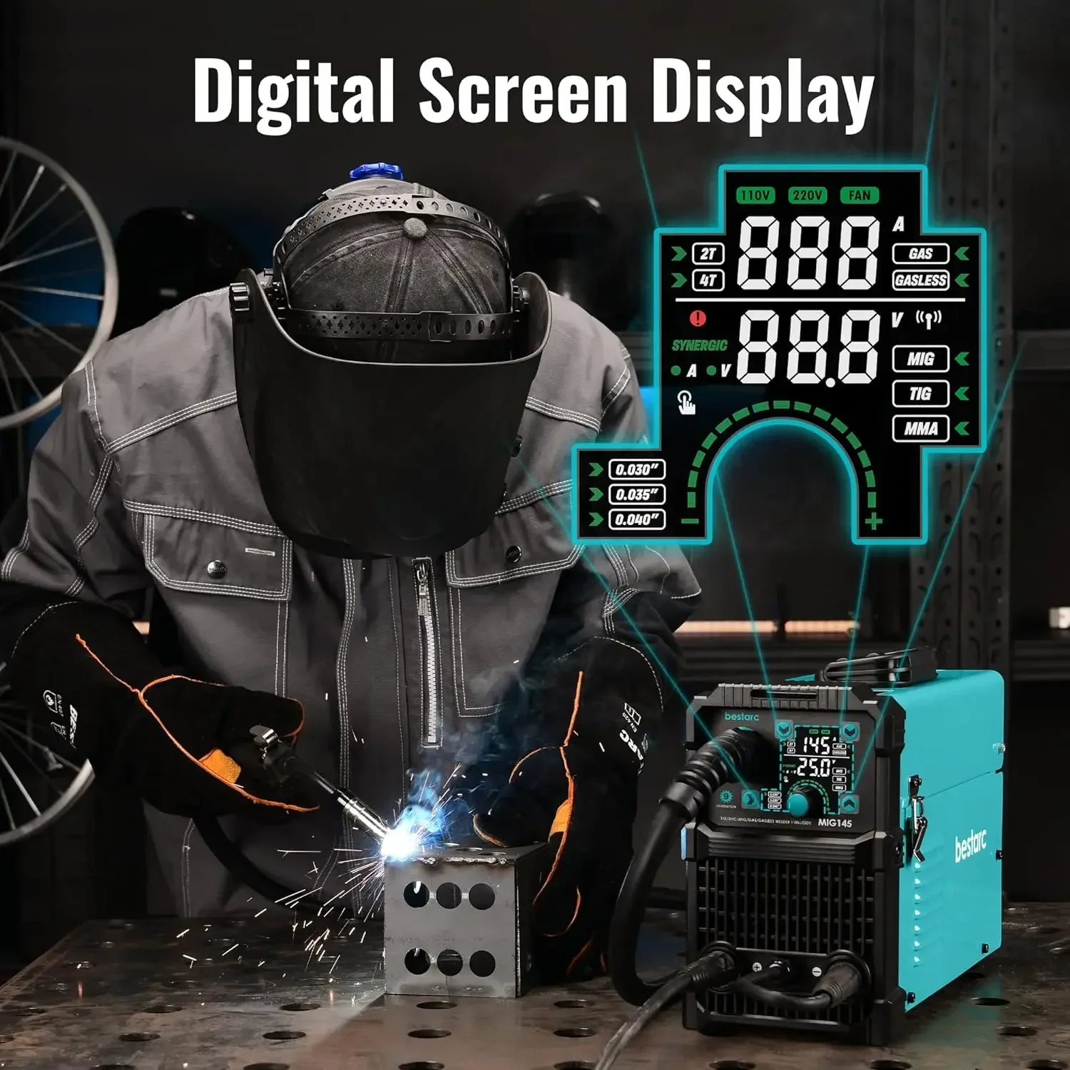 MIG Welder, 145Amps MIG145 Gas Gasless Flux Core MIG Welder/Lift TIG/Stick 3 in 1 Synergic MIG Welding Machine 3