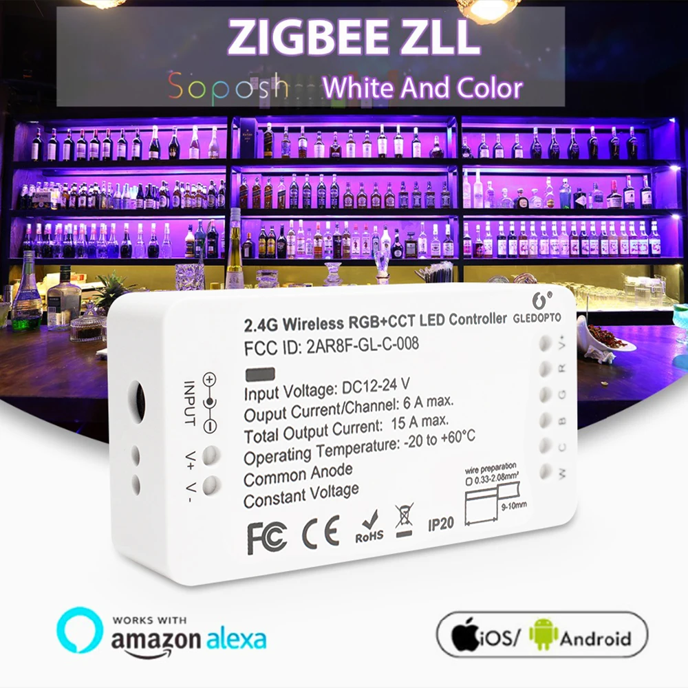 GLEDOPTO ZigBee ZLL 12V-24VDC RGBCCT LED Strip light Controller APP Voice Control Work with Echo Plus SmartThing Tuya Smart Life gledopto zigbee smart rgbw led light strip wireless wifi controller work with tuya smart life app amazon alexa voice control