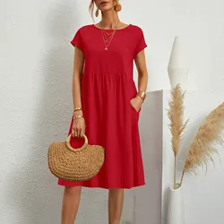 Women Casual Dresses Summer Vintage Style Female O-neck Solid Color Comfortable Knee-Length with Pockets Simple Female Dress
