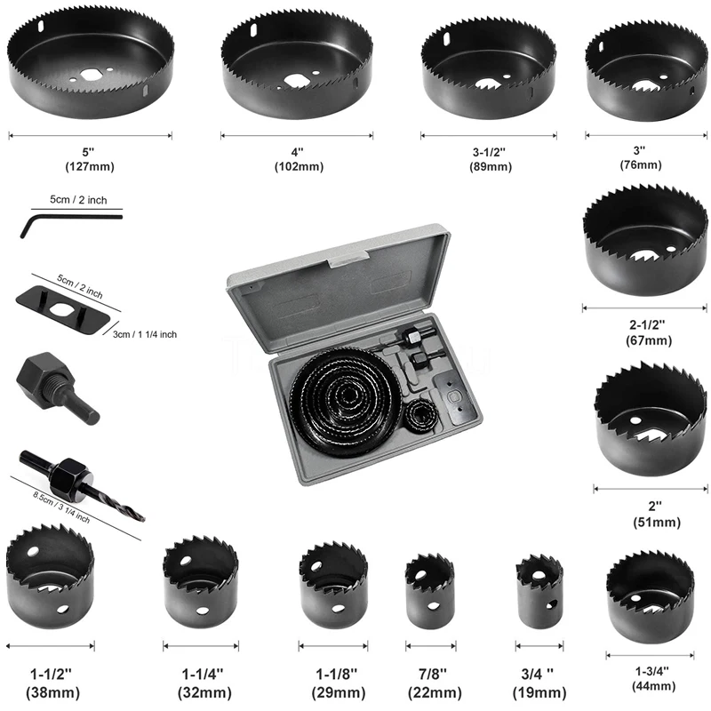 Hole Saw Set 2-16PCS Kit 19mm-127mm Hole Saw Mandrels Hex Key with Storage Box Ideal for Soft Wood PVC Board Tool Accessories