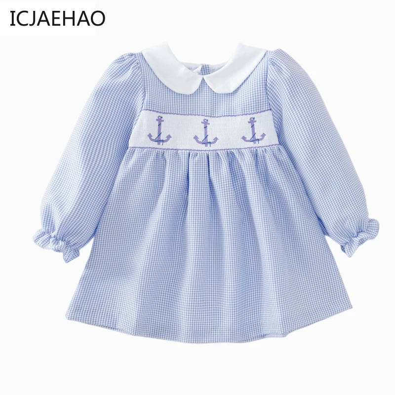 

Children Smocking Cotton Dress Girls Baby Long Sleeve Plaid Dresses Blue Pink Yellow Smocked Emboridery Frocks Spanish Boutique