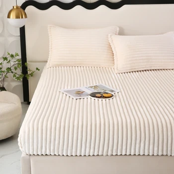 1Pc Solid Color Ribbed Plush Fitted Sheet Mattress Protector Full/Twin/Queen/King Universal for Bedroom Apartment Soft Comfortable Warm Breathable Machine Washable