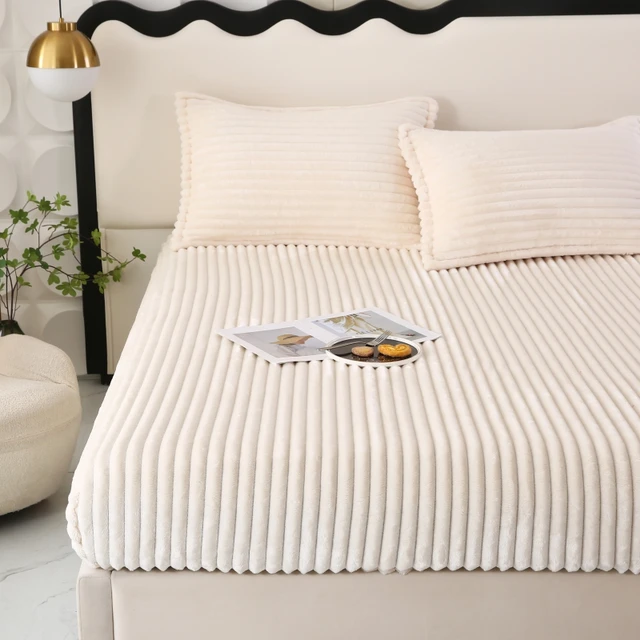Drap-housse en peluche rayé de couleur pure, protection de matelas complet/double/Queen/King, pour chambre à coucher, appartement, universel, doux, confortable, chaud, respirant et lavable en machine, 1 pièce 1