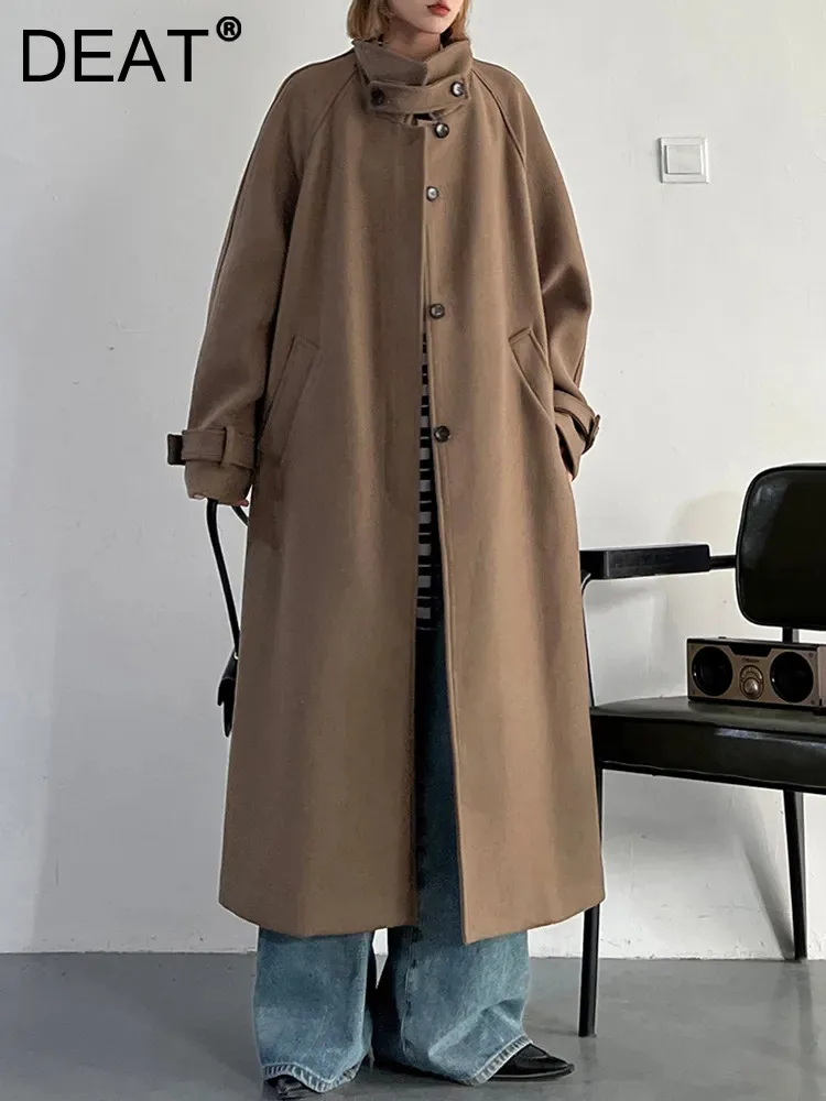 

DEAT Fashion Women's Trench Woolen Coat Belt Stand Collar Single Breasted Split Pockets Mid-calf Coats Winter 2024 New 7AB1655