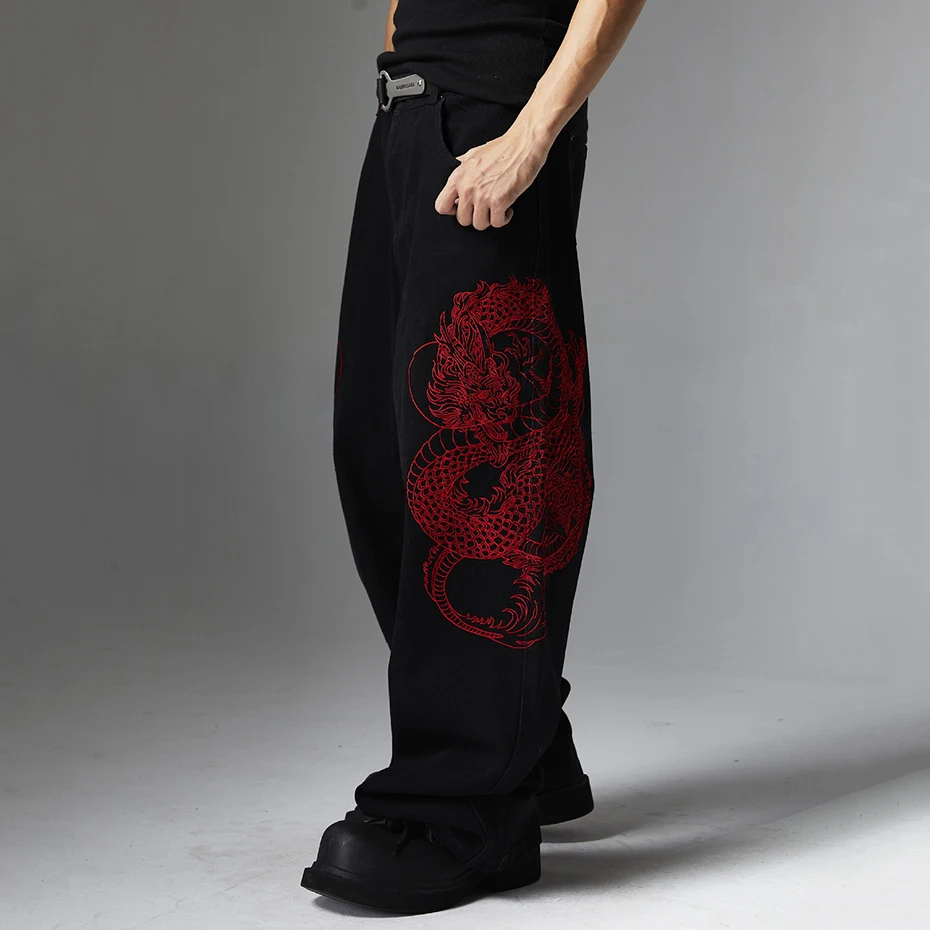 Dragon Embroidery Baggy Jeans Men Streetwear Hip Hop Black Loose Denim Pants 2