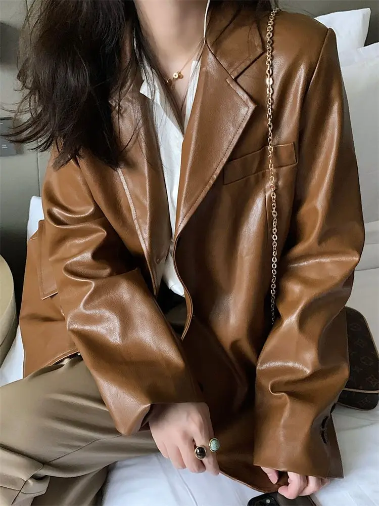 

Vintage Brown Leather Jacket Loose Casual Fashion Turn-down Collar Biker Jacket Solid Advanced Sense Winter Jacket for Women