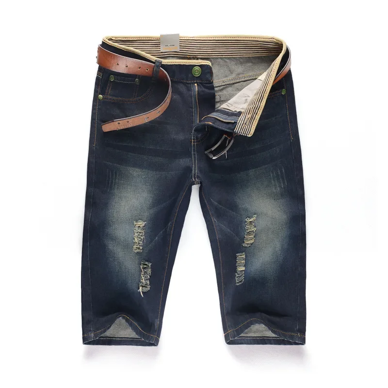 28-40 Men's Personalized Washable Perforated Denim Pants Large Casual Middle Pants
