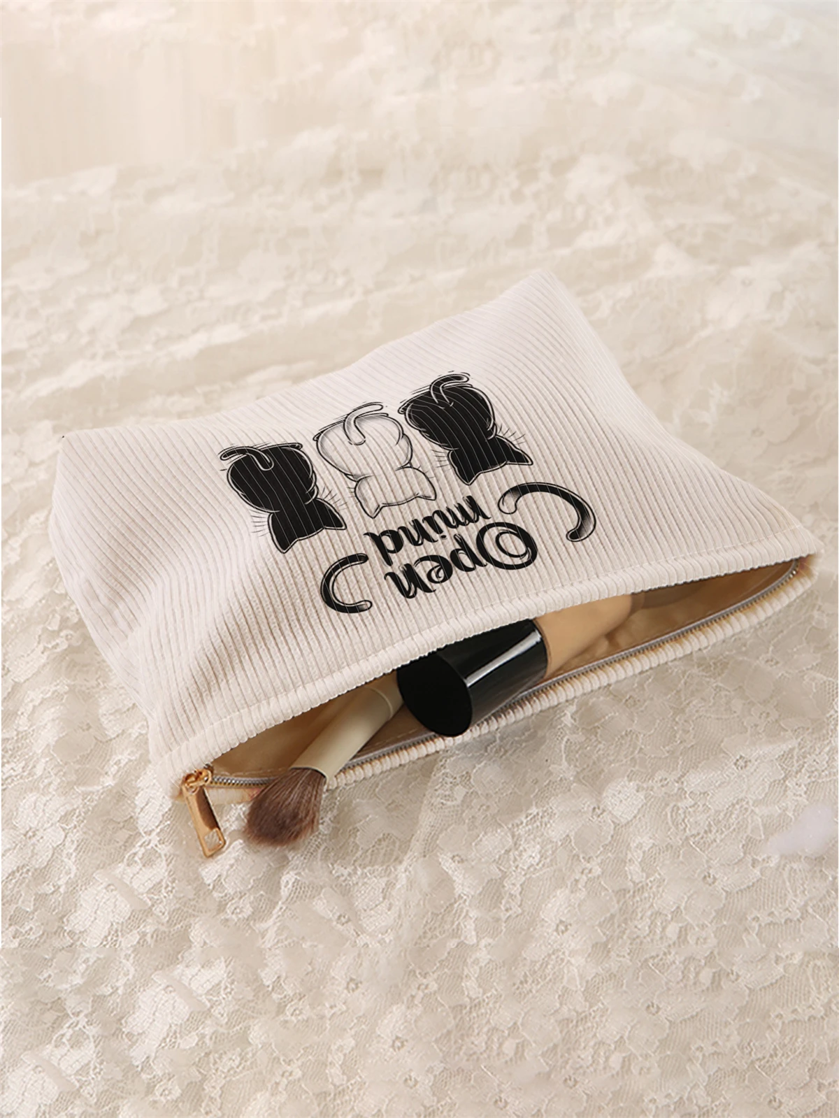 1 cartoon cat pattern corduroy makeup bag, lightweight zipper makeup storage box, multifunctional bag with lining