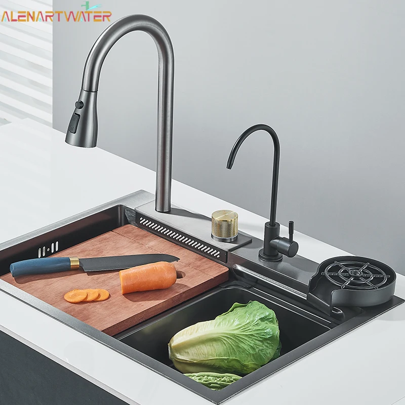 304 Stainless Steel Waterfall Kitchen Sink Pull type faucet Single Slot High Pressure Cup Washer Coffee Shop Wine Bar Sink