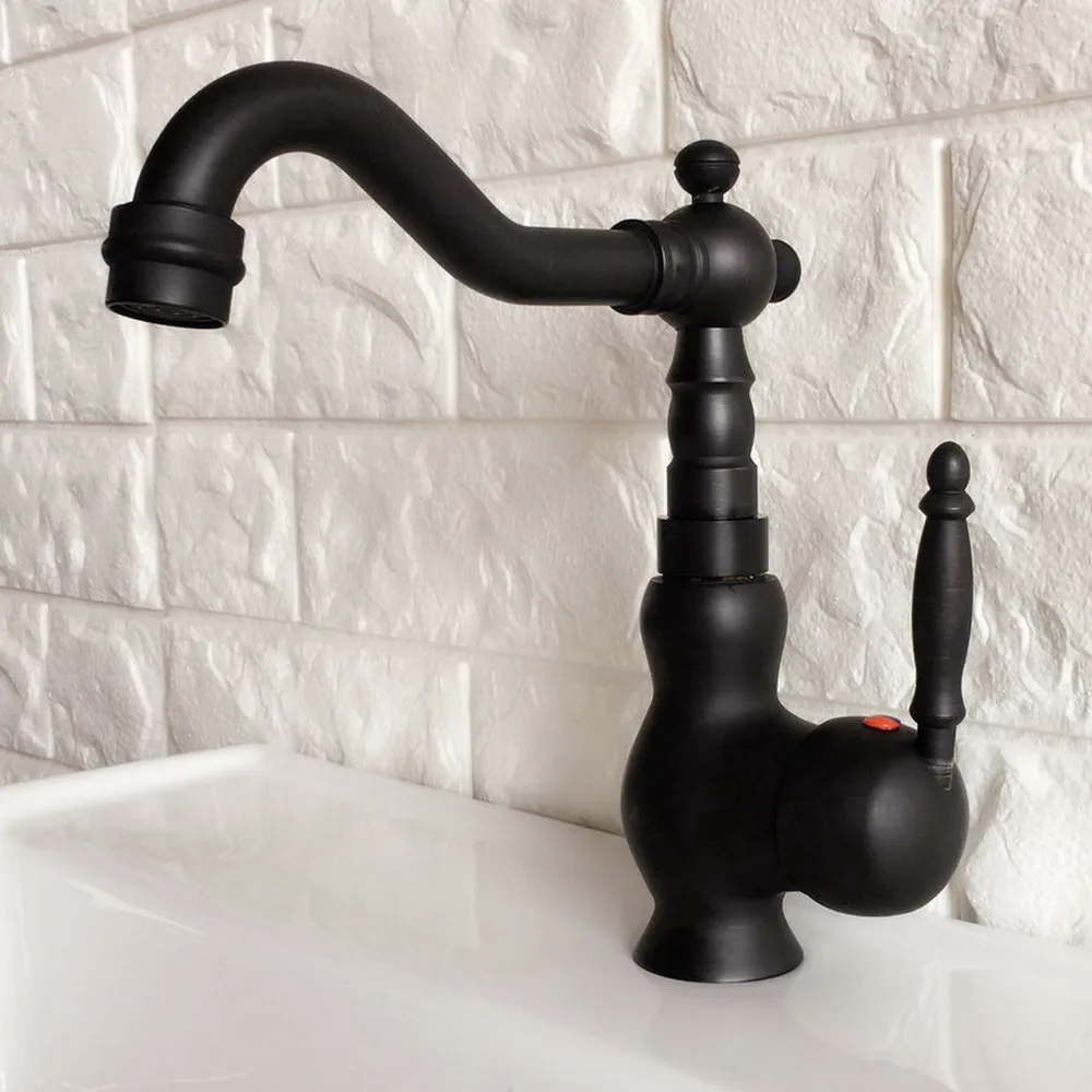 

Black Oil Rubbed Bronze Bathroom Sink Faucet Basin Single Hole Single Handle Deck Mount Hot Cold Water Mixer Tap Lnf356