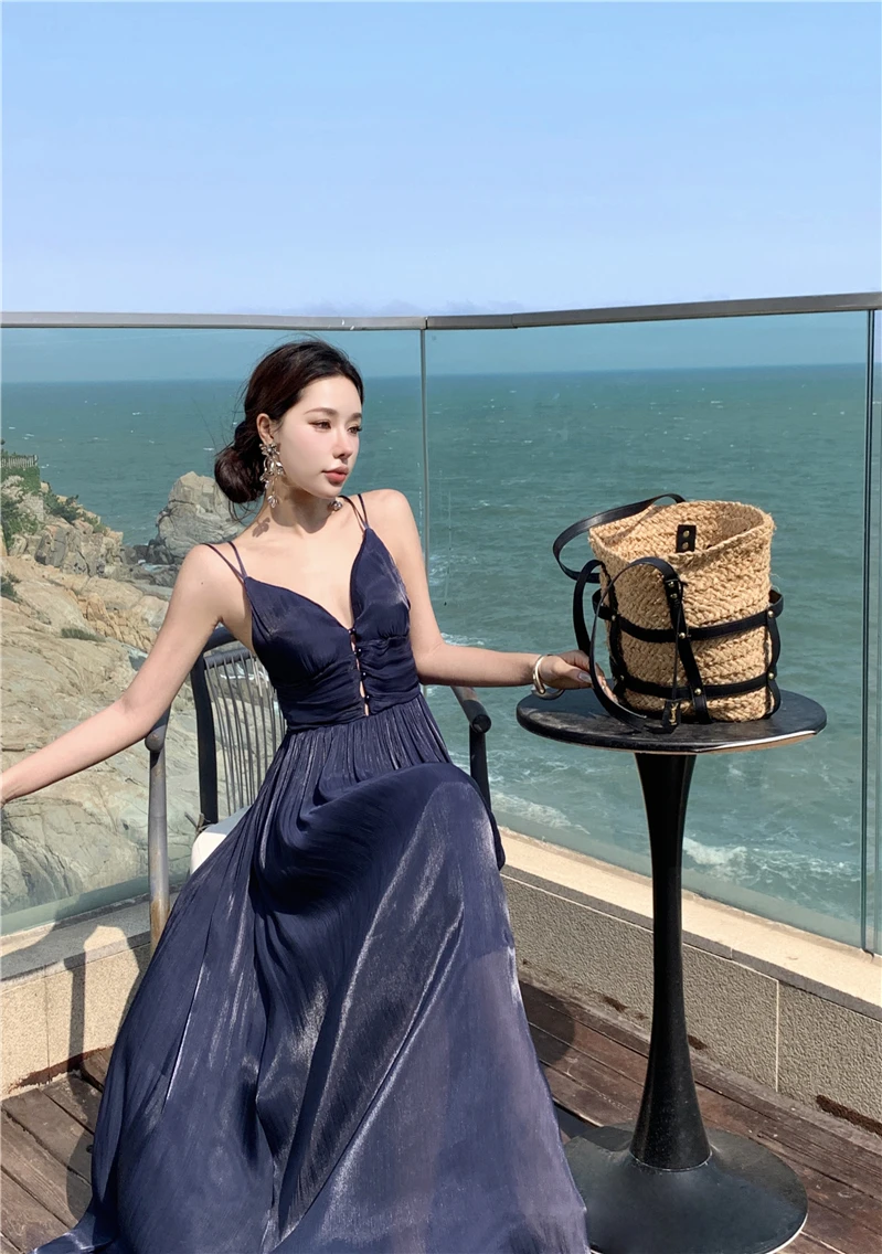 Summer New Spaghetti Strap Long Dresses for Women V-neck A-line Evening Party Dress Backless Prom Robe One Piece Vestido Mujer