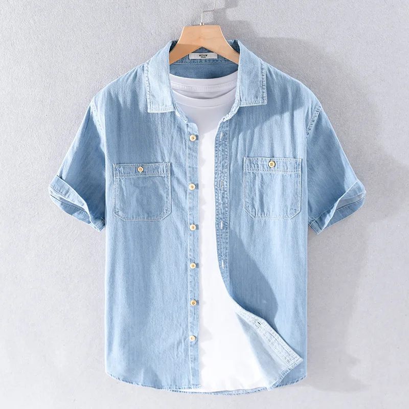 Summer Short Sleeve Denim Shirt Men Casual Slim Jean Shirts Pure Cotton Double Pockets Cowboy Shirt