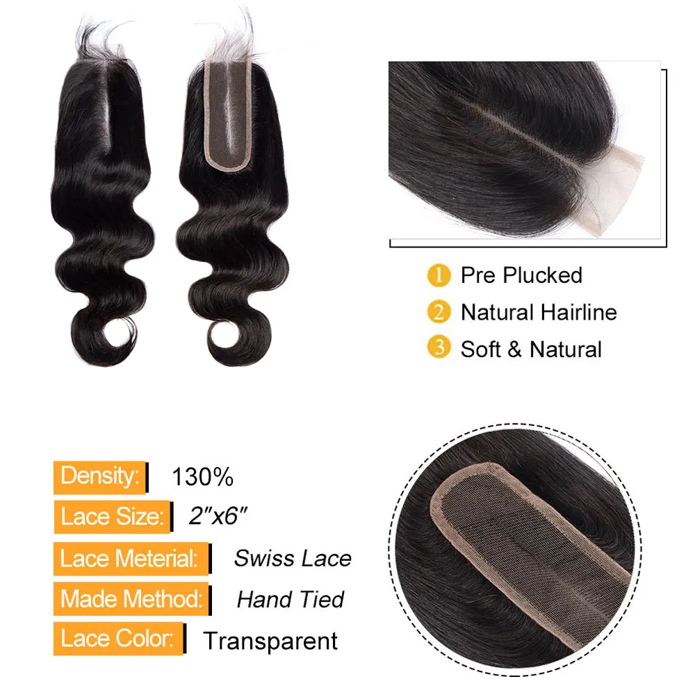 Body Wave 2x6 Closure Human Hair Transparent 2x6 Lace Closure Hair Extensions for Women Straight Hair Natural Color Pre Plucked 2
