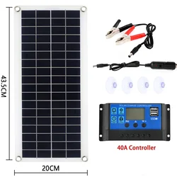 Portable 30W 12V Solar Panel Kit with Dual USB Output and Multi-Amp Controller for Car and Boat Battery Charging (40A SET)