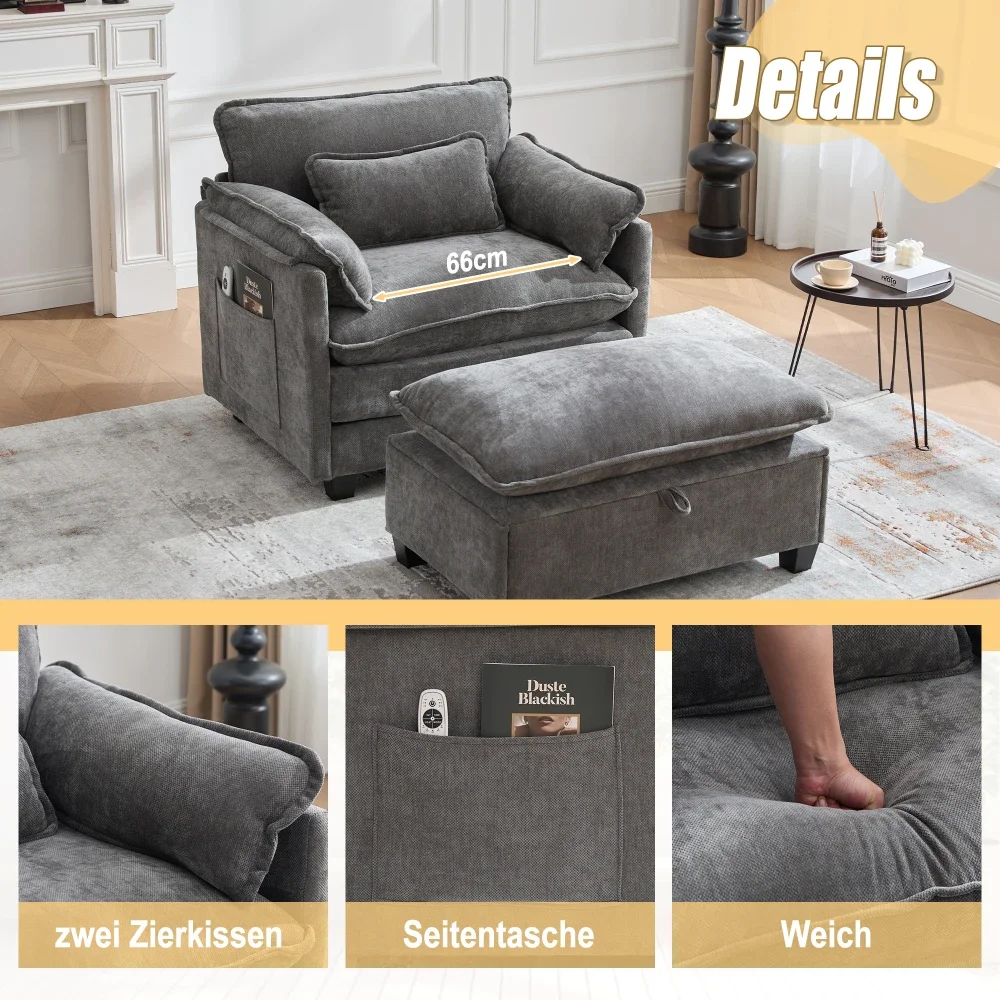 Moderner übergroßer Sessel mit Fußstütze und Hocker, Samt-Loungesessel mit Seitentaschen und Kissen, bequemer Lesestuhl – Detail 20