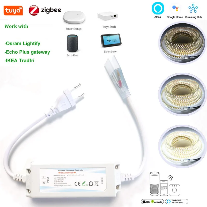 

Zigbee3.0 Warmwhite Light Strip Dimmer Switch Single Color 220V High Voltage Dimmer Control Work for Echo Tuya Smartthings