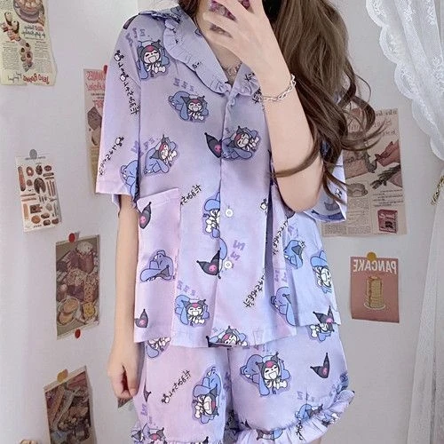 Kawaii Anime Disney Leite Silk Pijamas Primavera Sleepwear Feminino Terno  Meninas Bonito Manga Curta Roupa de Noite de Verão Home