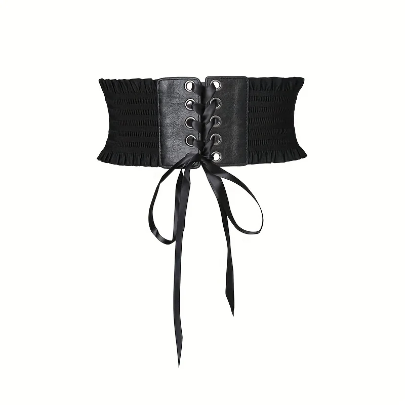 Elegant Ruffles Wide Belts Classic Solid Color Lace Up Waspie Belt Vintage Elastic Waistband Casual Dress Coat Girdle For Women