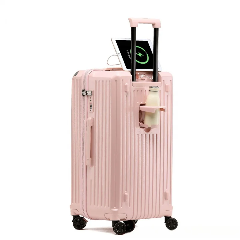 Color Matching Luggage Universal Wheel Trolley Large Capacity Extra Thick Band Cup Holder External USB Charging interface