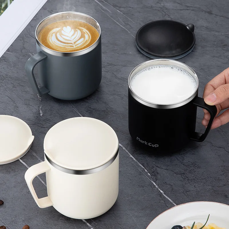 

Double Layer Coffee Cup with Lid, 304 Stainless Steel Mug, Breakfast Cup, Home Office, School, Cereal Juice, Gift