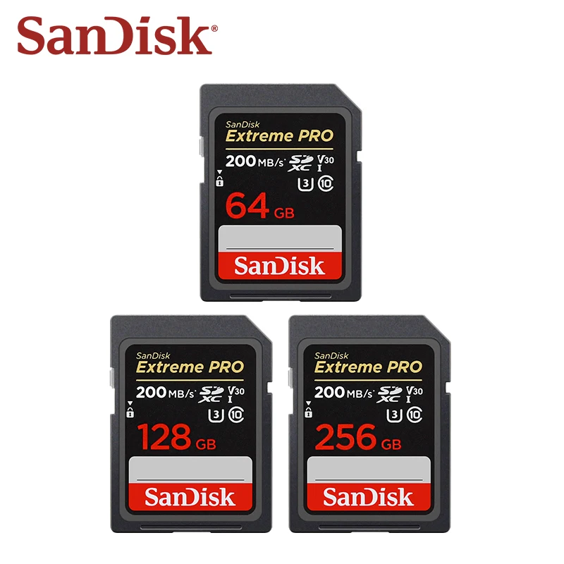 100% SanDisk 익스트림 프로 SD 카드, SLR 카메라용, 클래스 10 SDXC 메모리 카드, 128GB, 64GB, 최대 200 MB/s