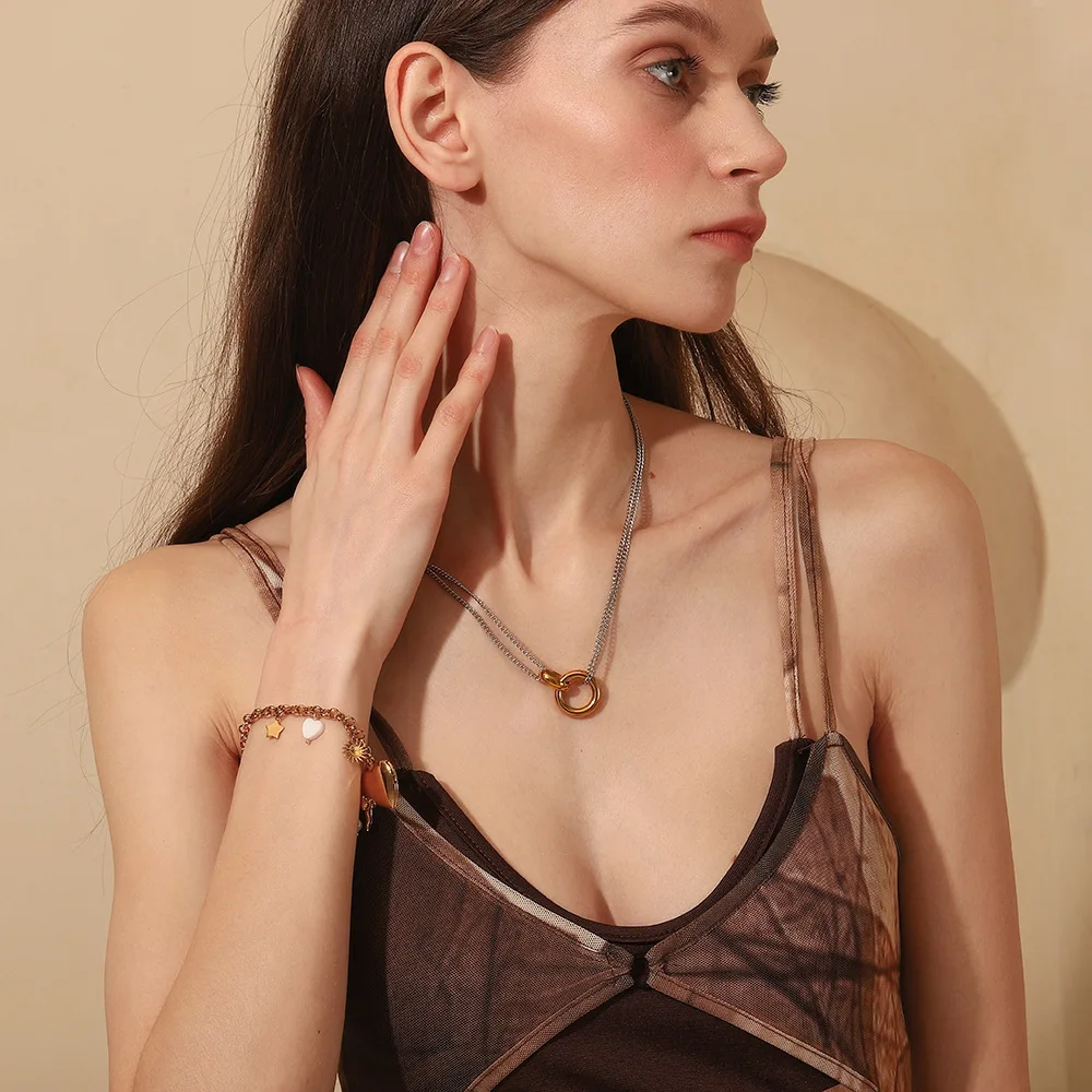 Retro Two-color 18K Gold Plated Circle Ring Choker Neckalce for Women Minimalist Charm Waterproof Double Chain Neck Jewelry Gift