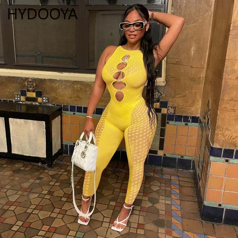 

Summer Sexy Black Yellow White Rompers Womens Jumpsuit 2022 One Piece Outfits Sheer Mesh Patchwork Hollow Bodycon Club Jumpsuits