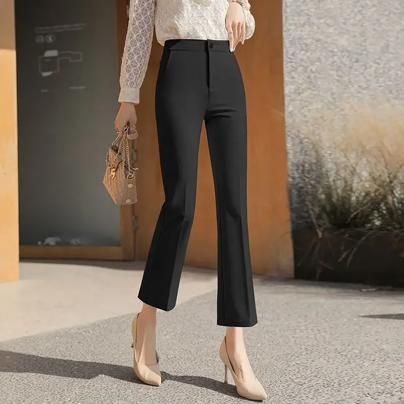 Pantalones acampanados formales e informales de moda para mujer, con bolsillos con cremallera y botones de color liso para primavera y otoño, pantalones que combinan con todo.