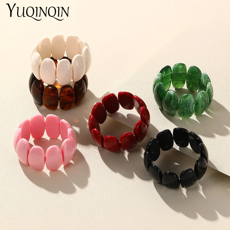 Resin Beaded Chain Bracelets For Women Girls Elastic Wide Round Bangles Geometric Stretch Jewelry Gift