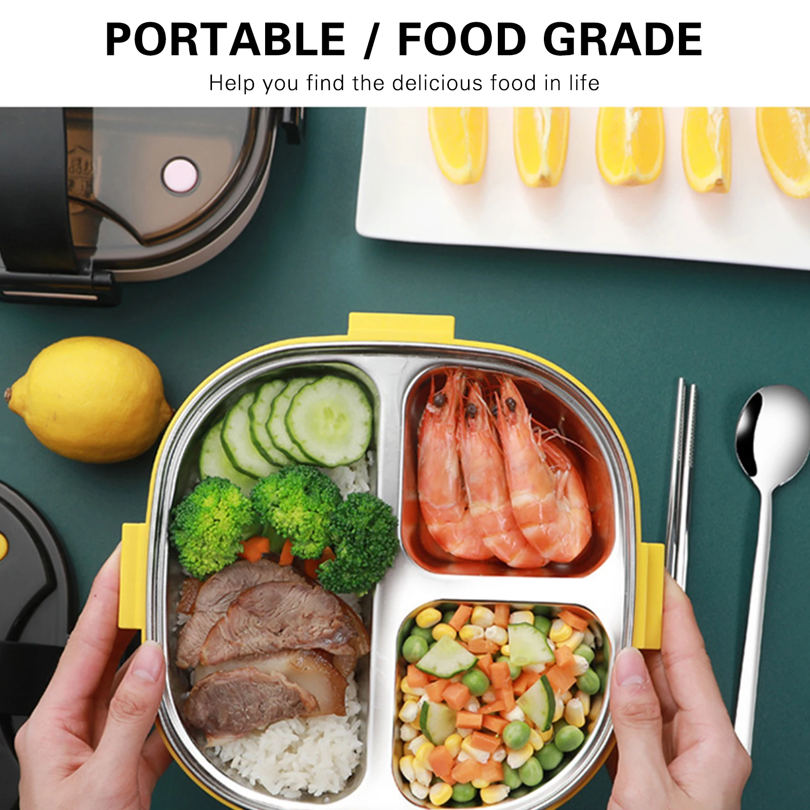 304 Stainless Steel Lunch Box Portable 3 Compartment Bento Box Heat Resistant Without Cutlery