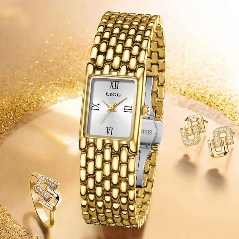 LIGE New Gold Watch Women Fashion Creative Square Quartz Women's Watches Simple Waterproof Date Chronograph Relogio Feminino+BOX
