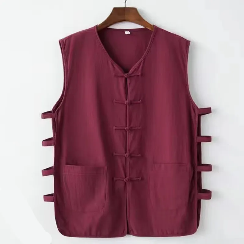 Tang Suit Traditional Chinese Clothing for Men Tee Tops Kung Fu Vests Cotton Linen Sleeveless Viking Pirate Blouse T-Shirt Coat