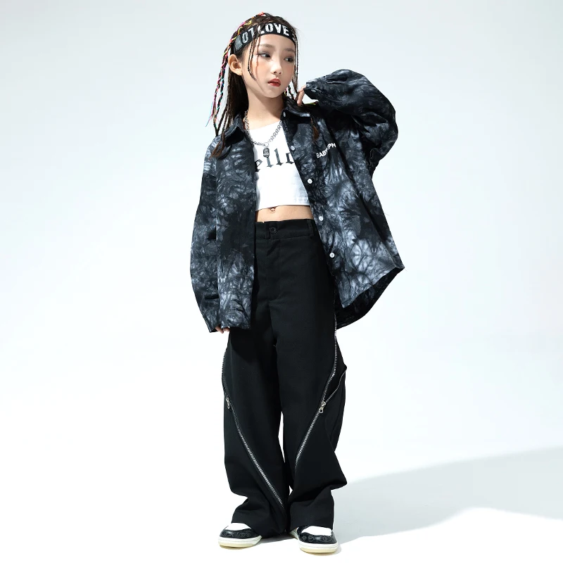 

Детская одежда в стиле K-POP, хип-хоп, рубашка оверсайз с принтом, черные повседневные широкие брюки на молнии для девочек и мальчиков, костюм для джазовых танцев, уличная одежда