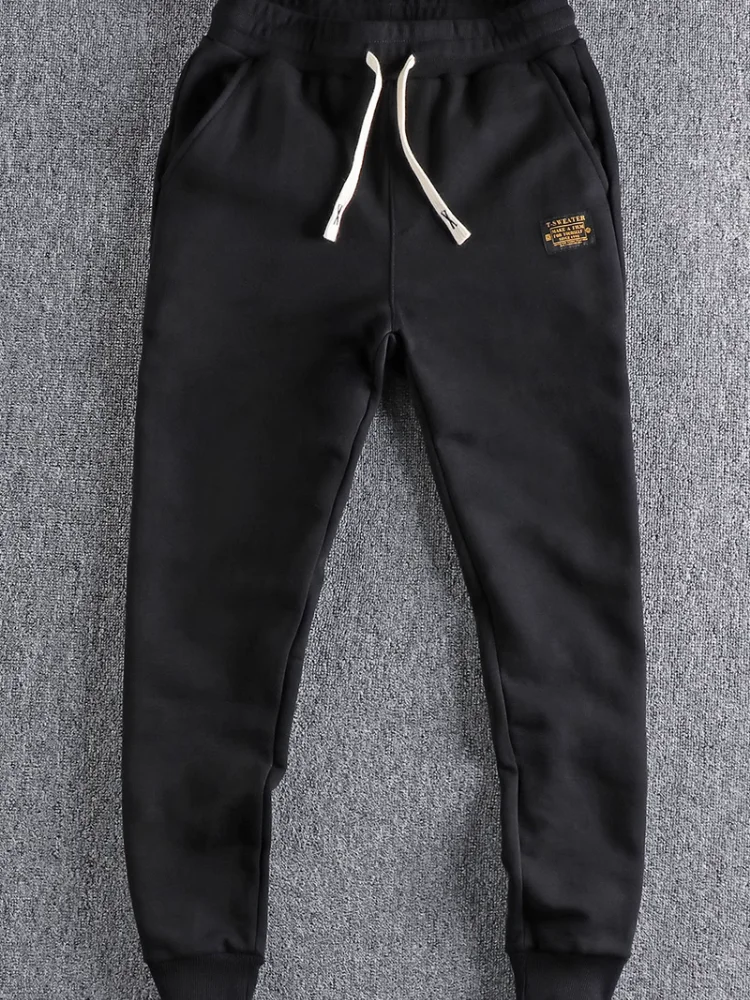 Autumn Winter American Retro Heavyweight Velvet Sweatpants Men's Fashion Pure Cotton Drawstring Sport Casual Ankle-tied Pants