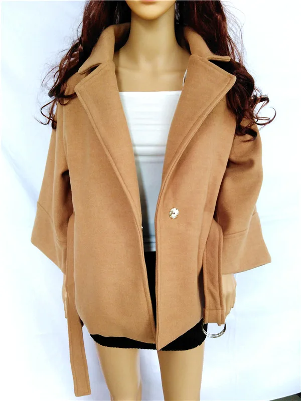 2023 New Women Short Woolen Coat Belt Jacket Fashion Casual Ladies Short Coat Solid Color Loose Coat Women's Khaki Lapel Top