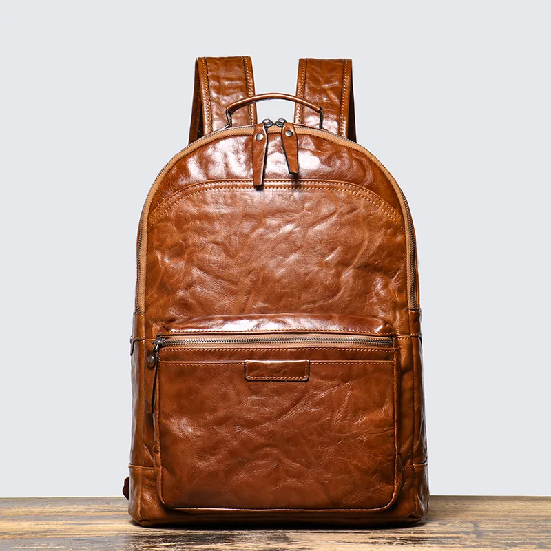 Genuine Leather Backpack for Men, Vegetable-tanned Cowhide with Hand-grabbing Texture, Fits 15-inch Laptop, Travel Shoulder Bag