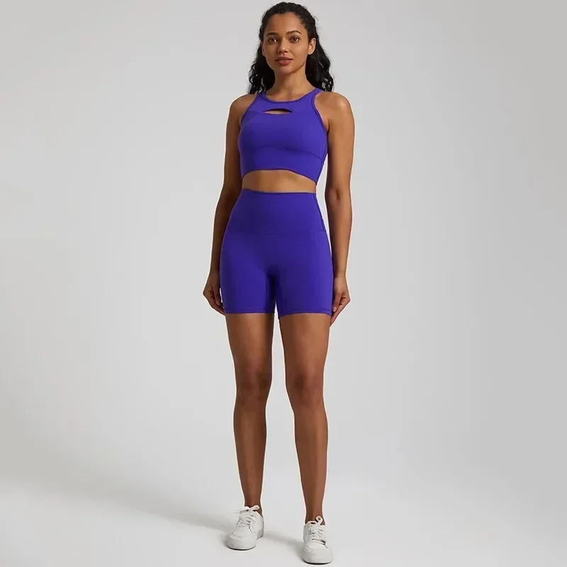 Lemon Soft Women Sport Suit High Waist Shorts Cross Fitness Bra 2pc Short Legging Yoga Set Gym Workout Training Hollow Out